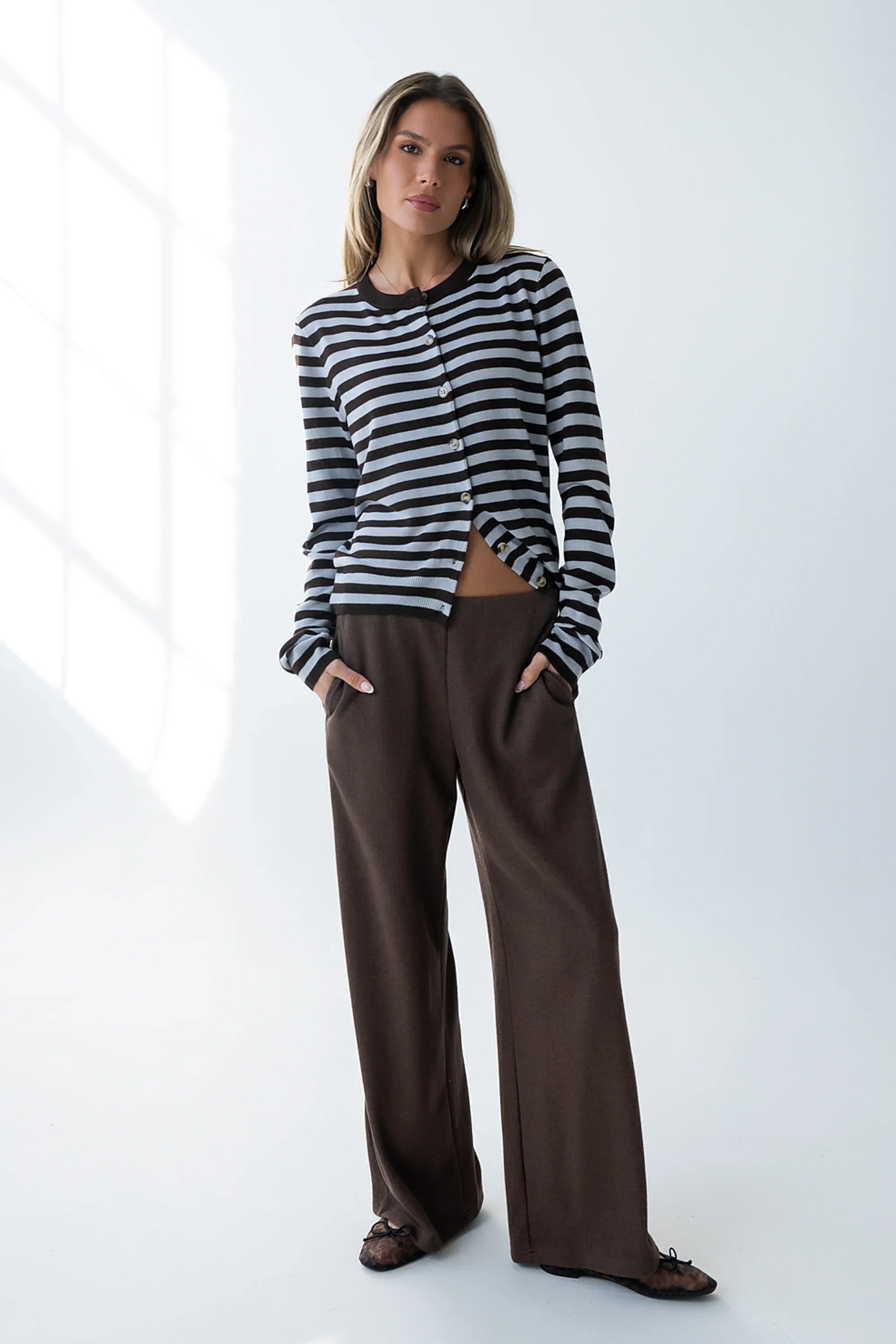 Ronda Ribbed Wide Leg Pants in Brown