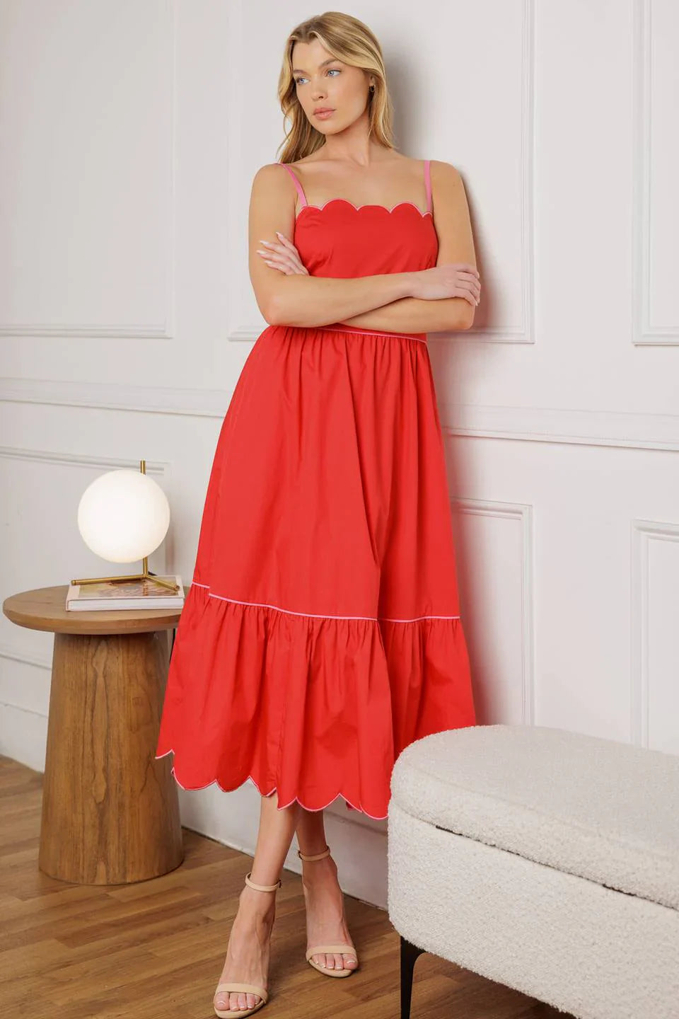 SWEET DREAMS RED PINK SCALLOPED EDGE MIDI DRESS