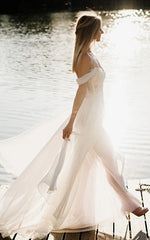 A Line Lace White Lace Up Off the Shoulder Wedding Dress with Slit