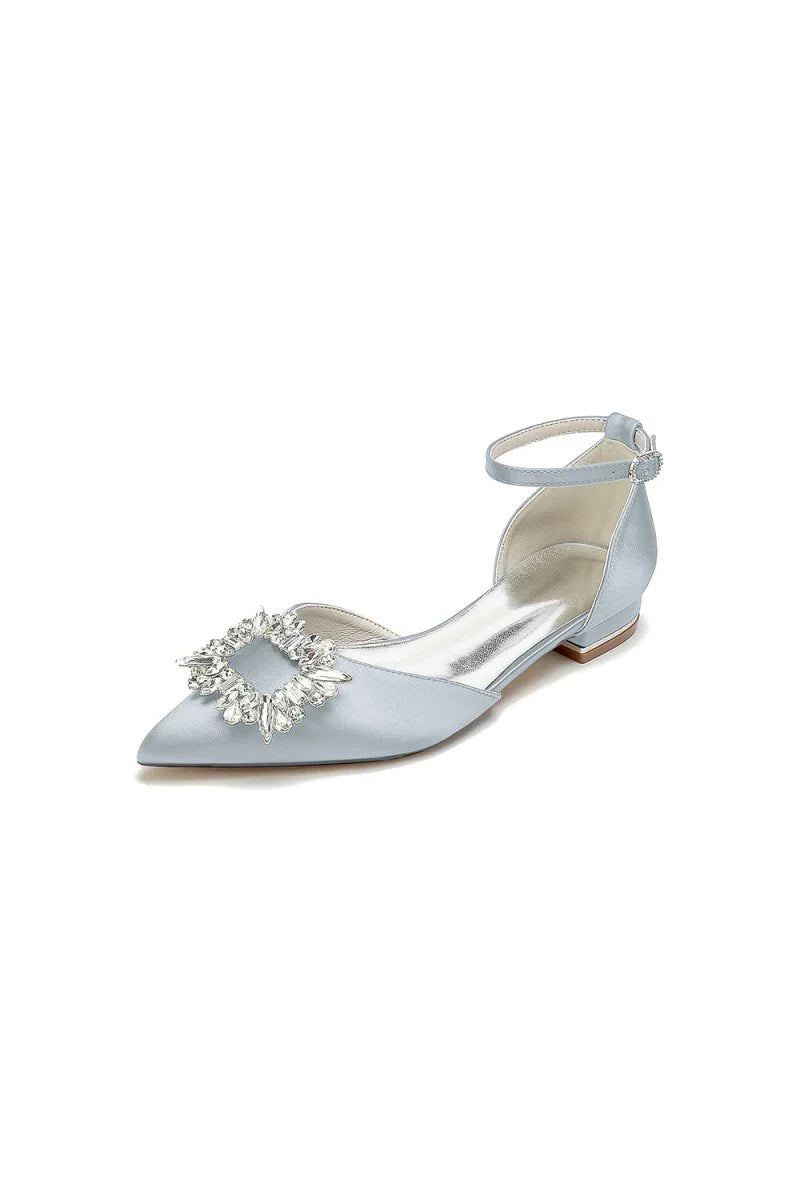 Rhinestone Pointed Toe Ankle Strap Satin Kitten Heels