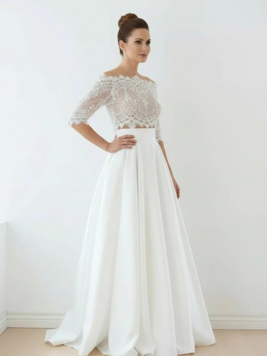Off The Shoulder Lace A Line Satin Two Piece Wedding Dress With Sweep Train