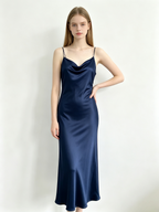 Navy Satin Cowl Neck Midi Slip Dress