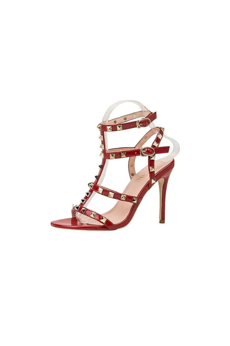 Studded Strappy Leather Open Toe High Heels
