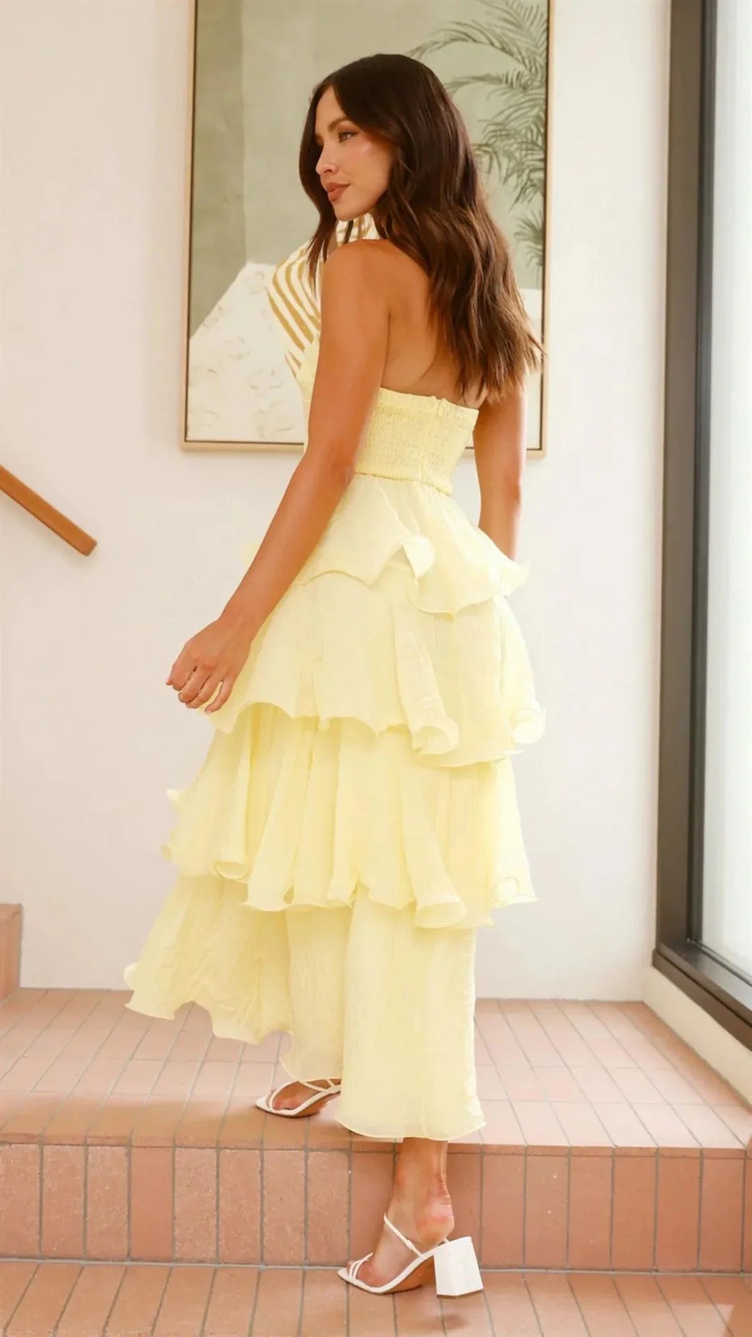 Gabby Maxi Dress Lemon Yellow Strapless Tiered Dress