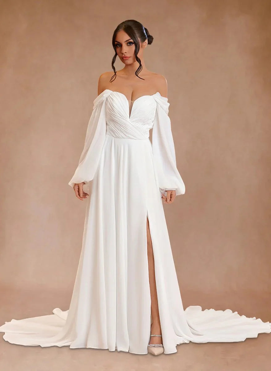 A Line Sweetheart Long Sleeves Chiffon Sweep Train Wedding Dress