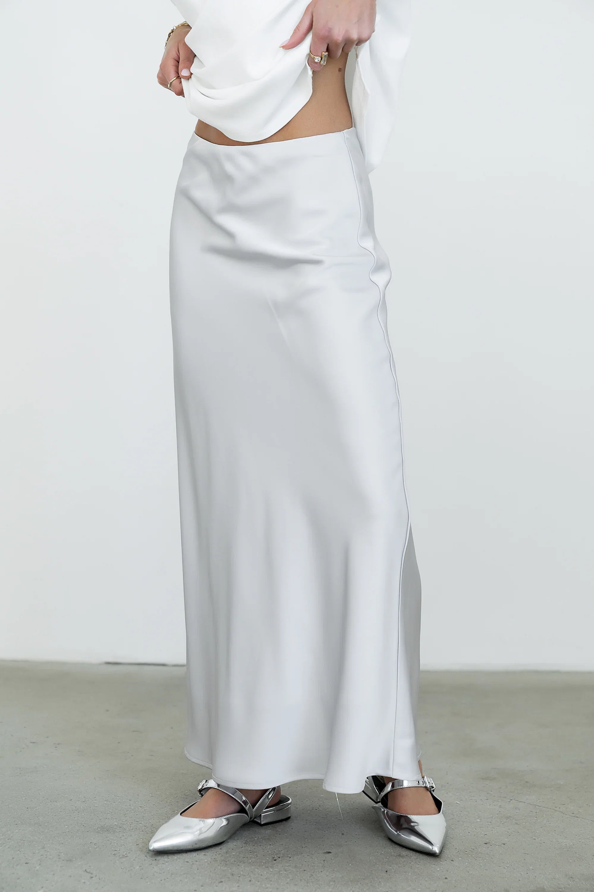 Tory Satin Maxi Skirt in Silver