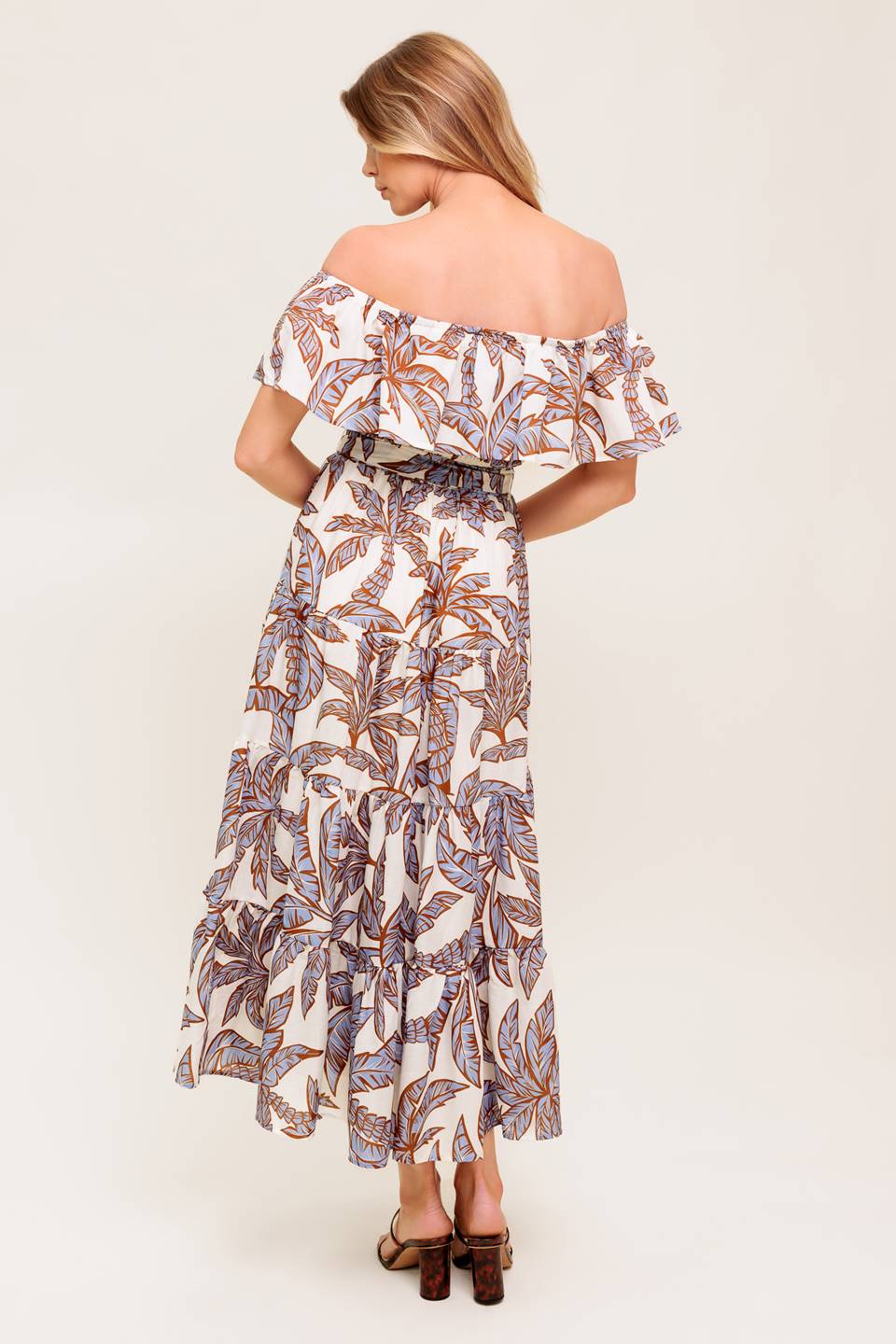 PALM TREE GARDEN OFF THE SHOULDER MIDI DRESS