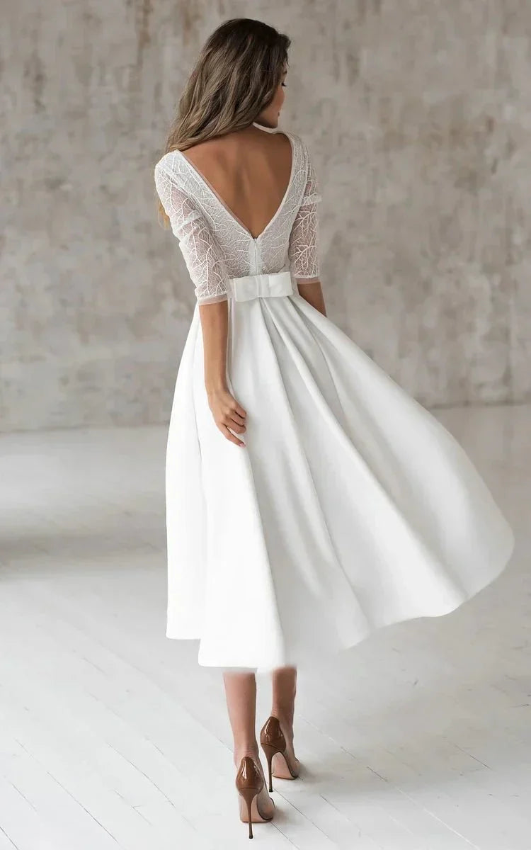 Satin V neck A Line Tea length Wedding Dress with Ruching and Sash
