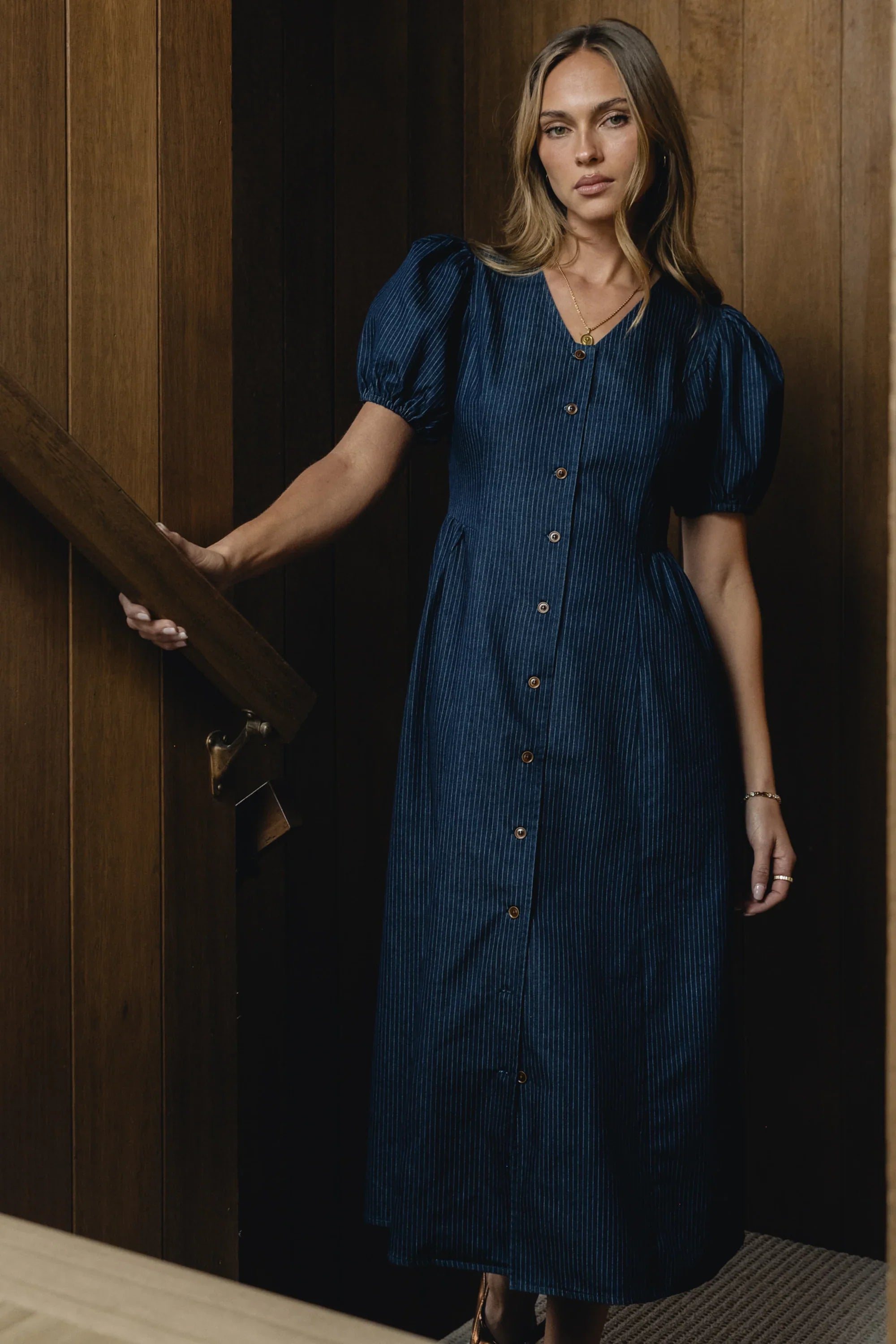 Conley Pinstripe Midi Dress in Medium Wash