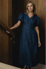 Conley Pinstripe Midi Dress in Medium Wash