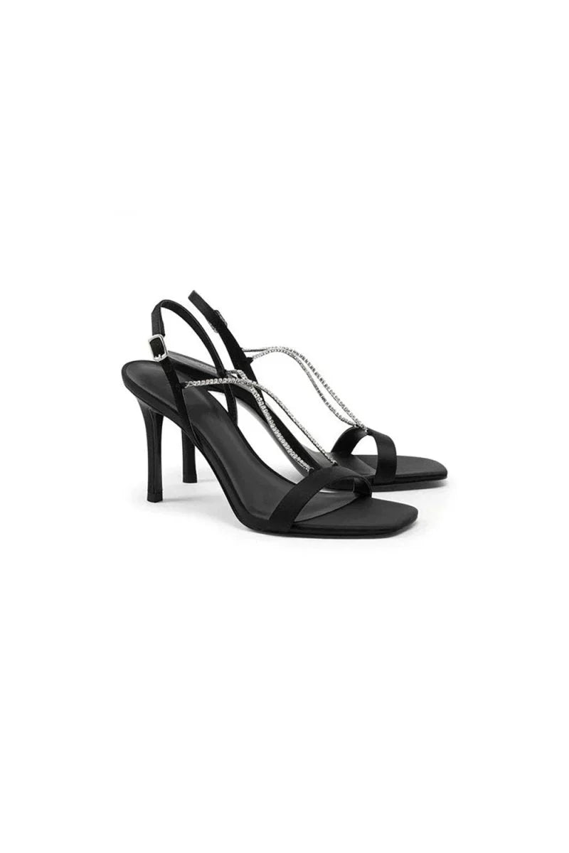 Square Toe Stiletto Black High Heels with Beading