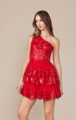 CHRISTIE MINI DRESS RED ONE SHOULDER TIERED SHORT DRESS