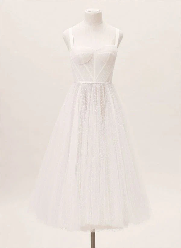 A Line Sweetheart Sleeveless Tulle Tea Length Wedding Dresses With Pleated