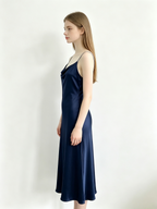 Navy Satin Cowl Neck Midi Slip Dress