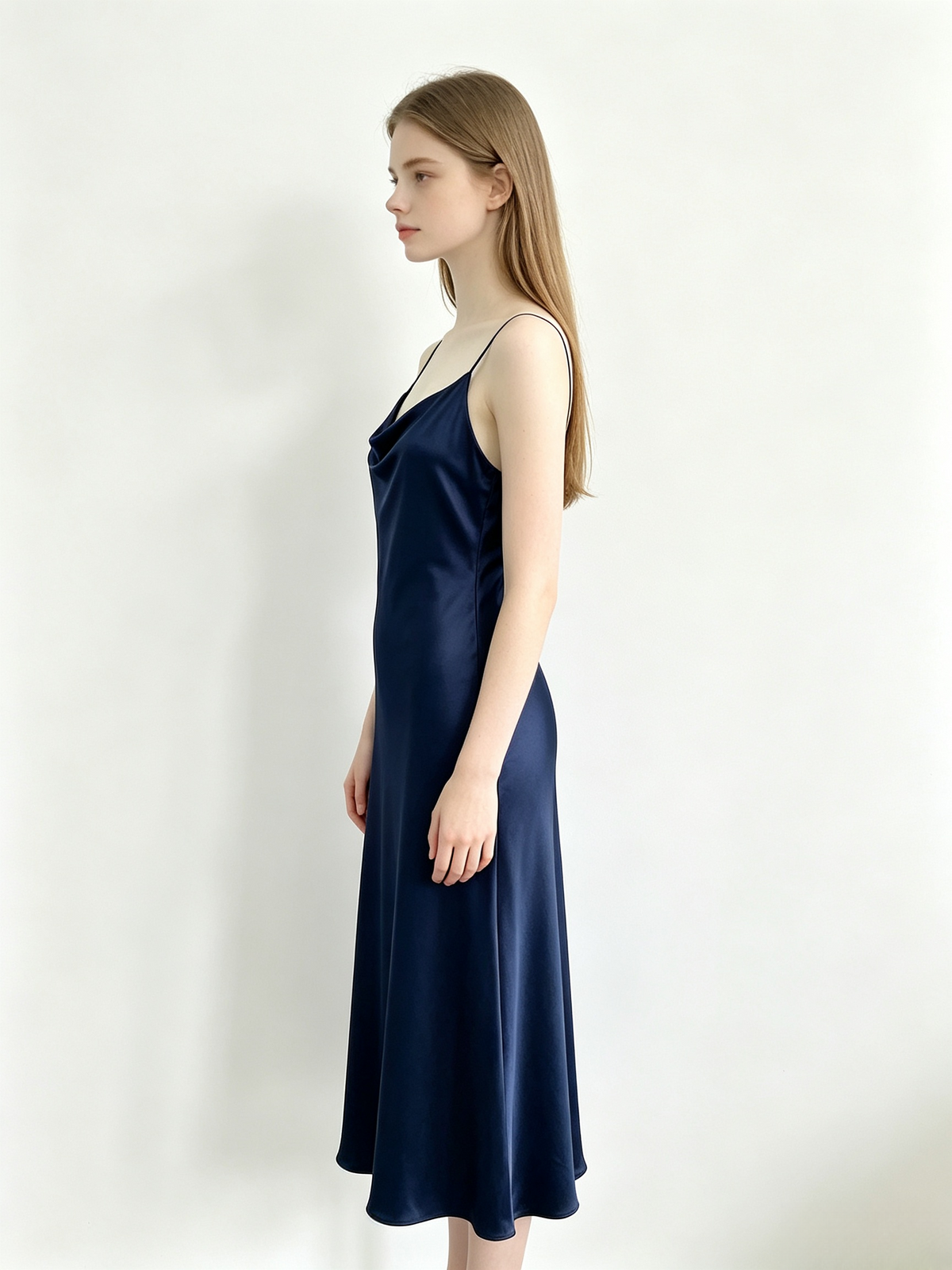 Navy Satin Cowl Neck Midi Slip Dress