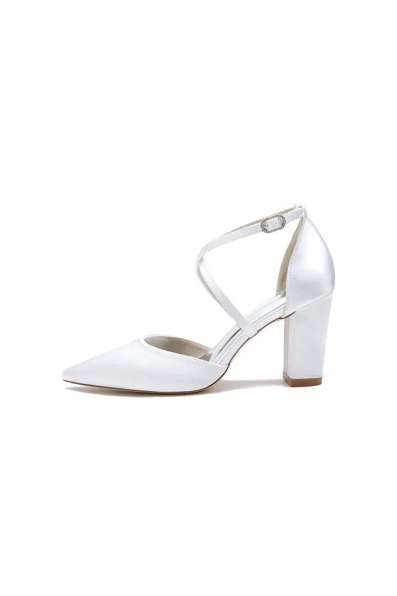 White Satin Pump with Cross Strap and Metal Accent