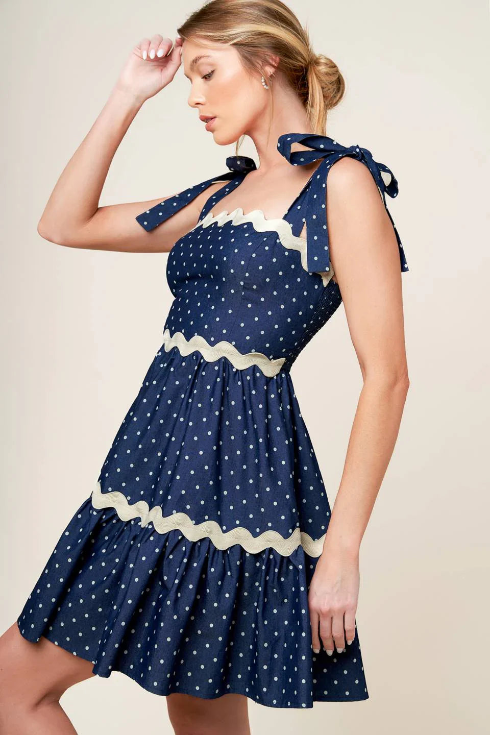 BLUE WHITE POLKA DOT MINI DRESS INDIGO