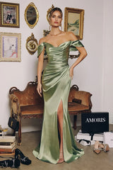 HARPER SATIN GOWN OFF THE SHOULDER PLEATED DRESS