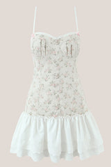 White Warm Rose Print Cotton Ruffled Mini Dress