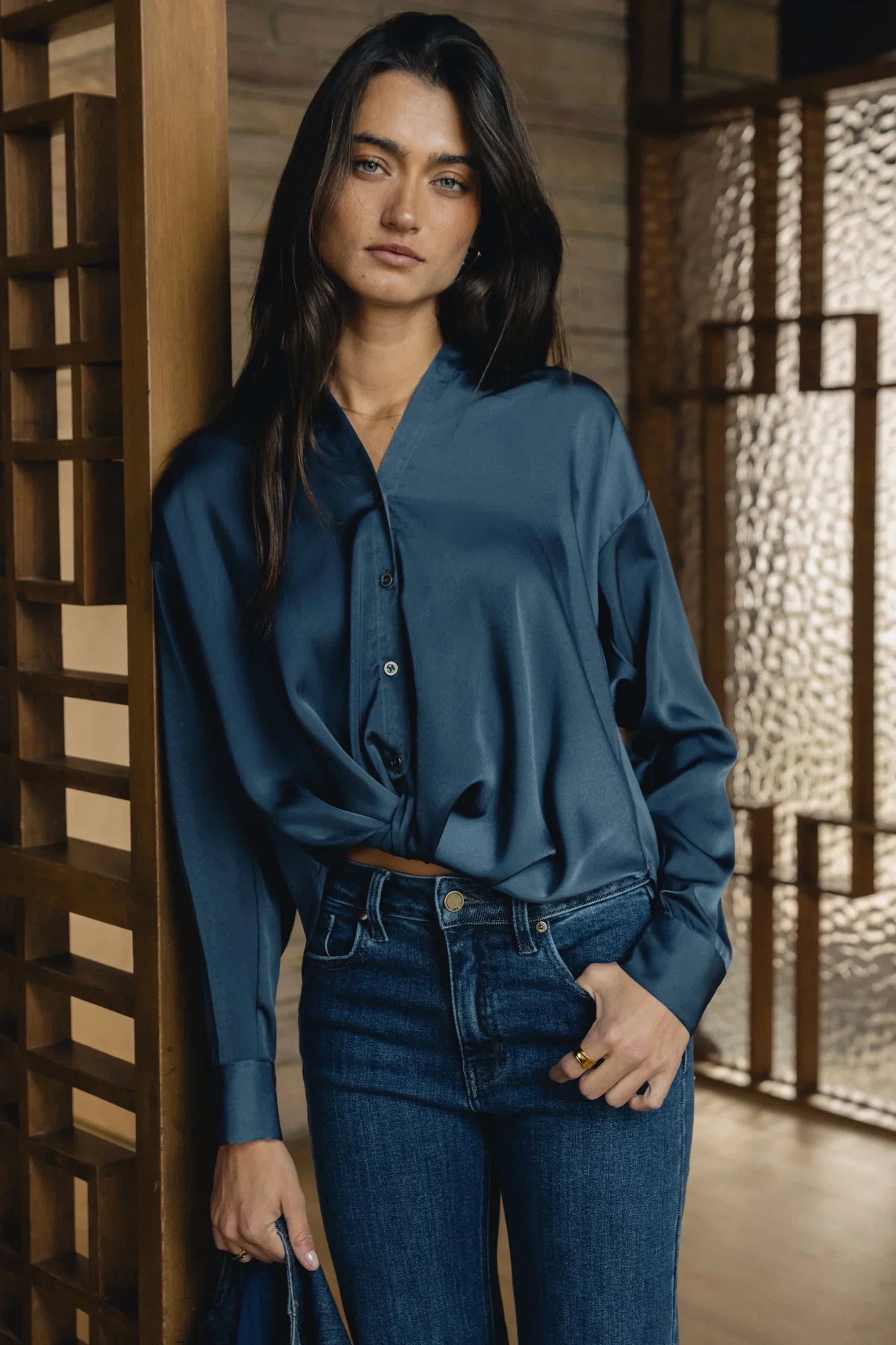 Margaret Twist Button Up in Blue