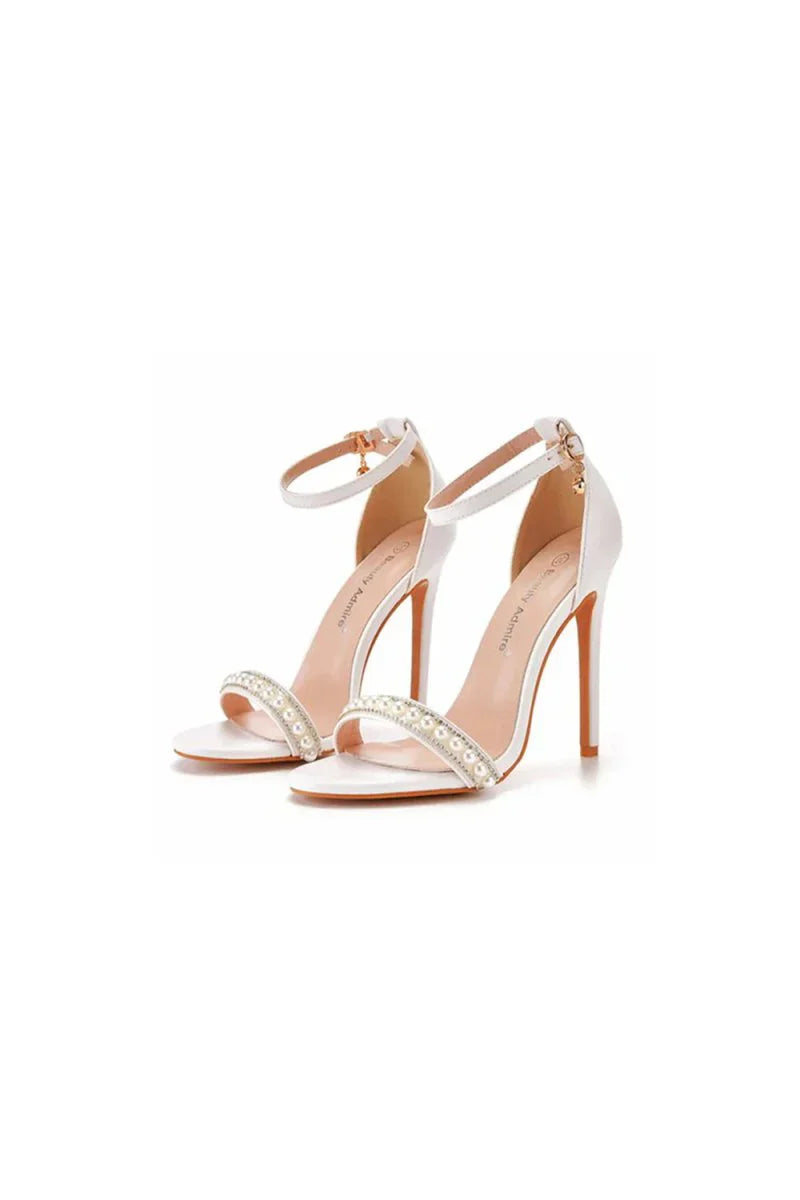 Pearl Embellished White Ankle Strap Stiletto Heels