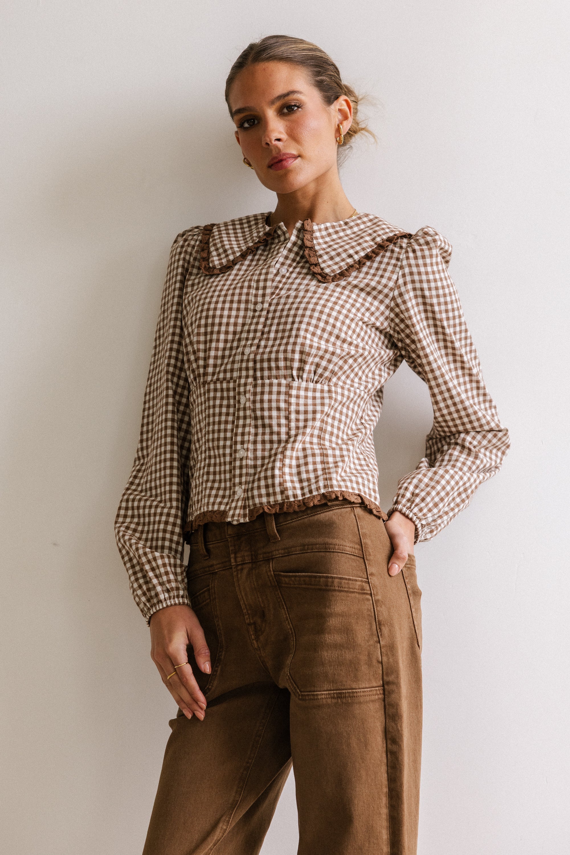 Brenna Gingham Blouse in Mocha FINAL SALE