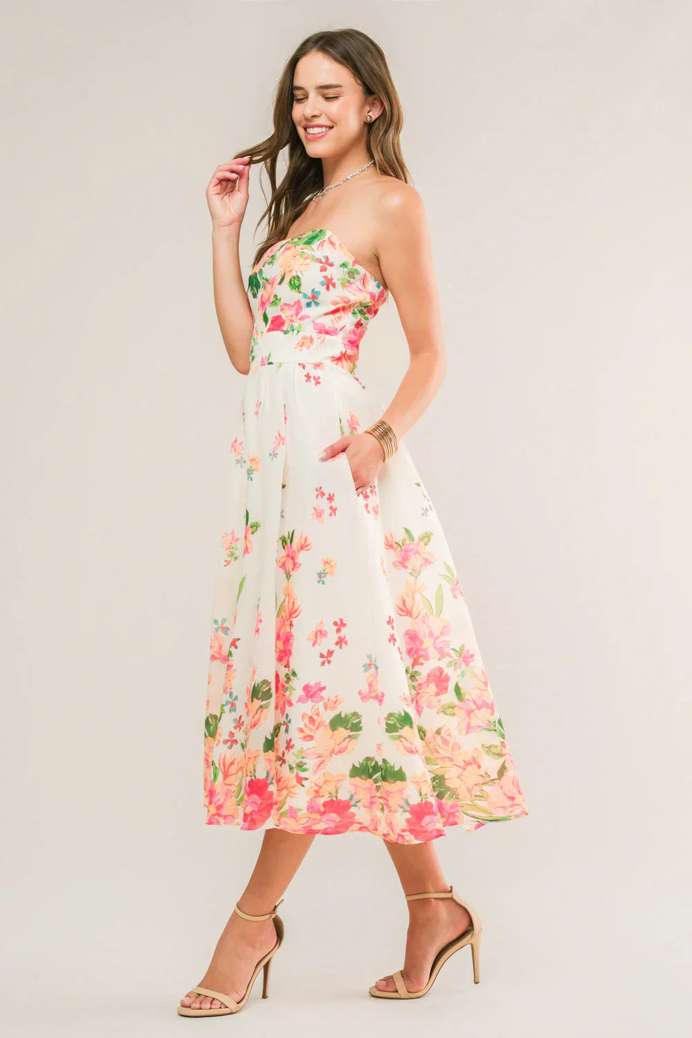 BRUNCH BOUQUET STRAPLESS FLORAL MIDI DRESS