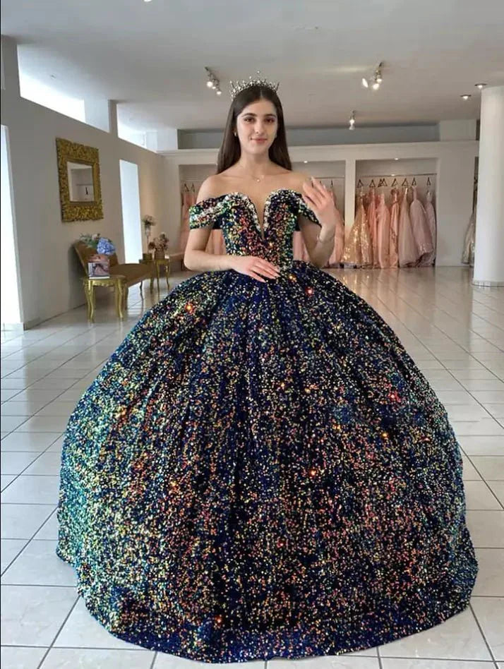 Sequined Ball Gown Off Shoulder Beaded Velvet Quinceanera Dresses