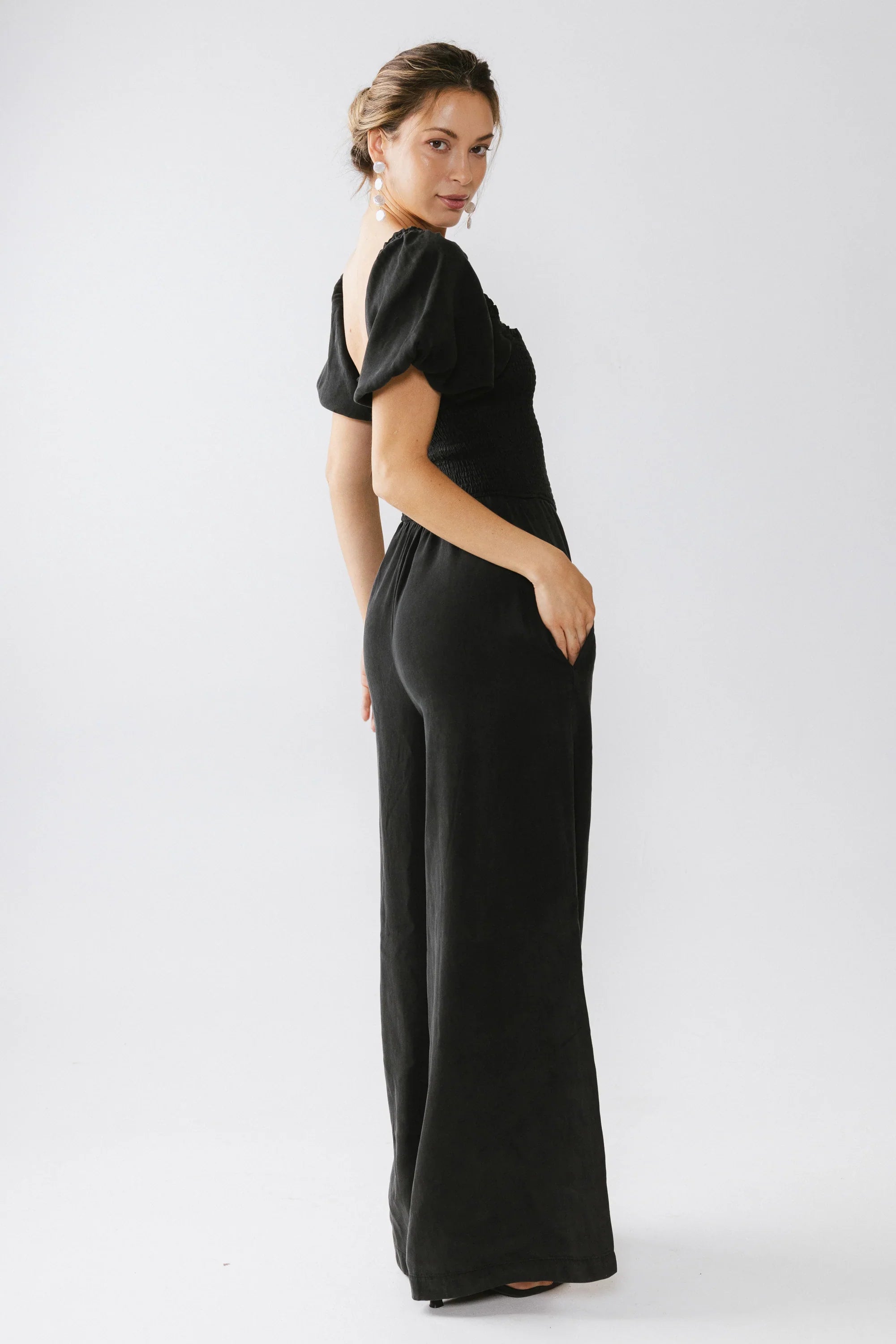 Piper Smocked Jumpsuit in Washed Black