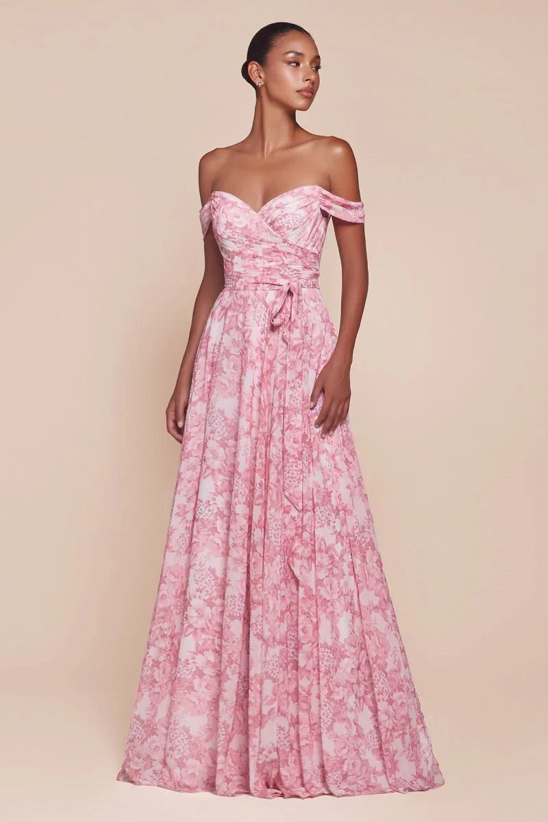 TILDA GOWN ROSE OFF THE SHOULDER FLORAL PRINTED A LINE DRESS
