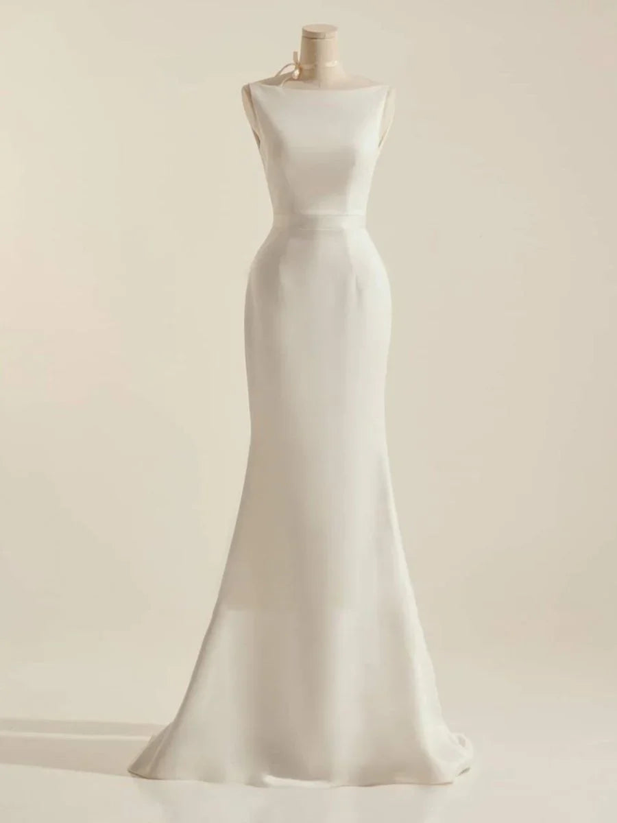 Simple Sleeveless Mermaid Wedding Dress With Sexy Bow