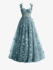 Dusty Blue A line Butterfly Lace Lilac Corset Prom Dress with Slit