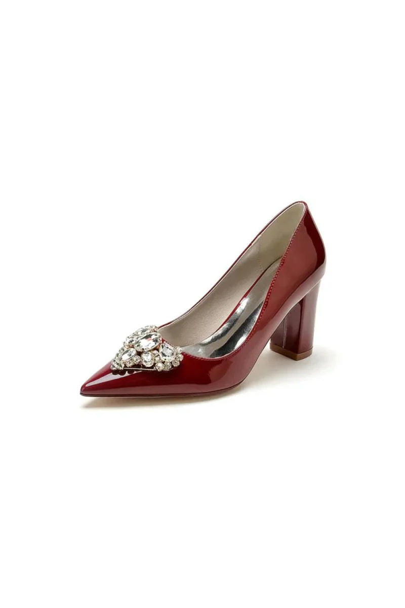 Burgundy High Heels with Gemstone Adorned Golden Buckle