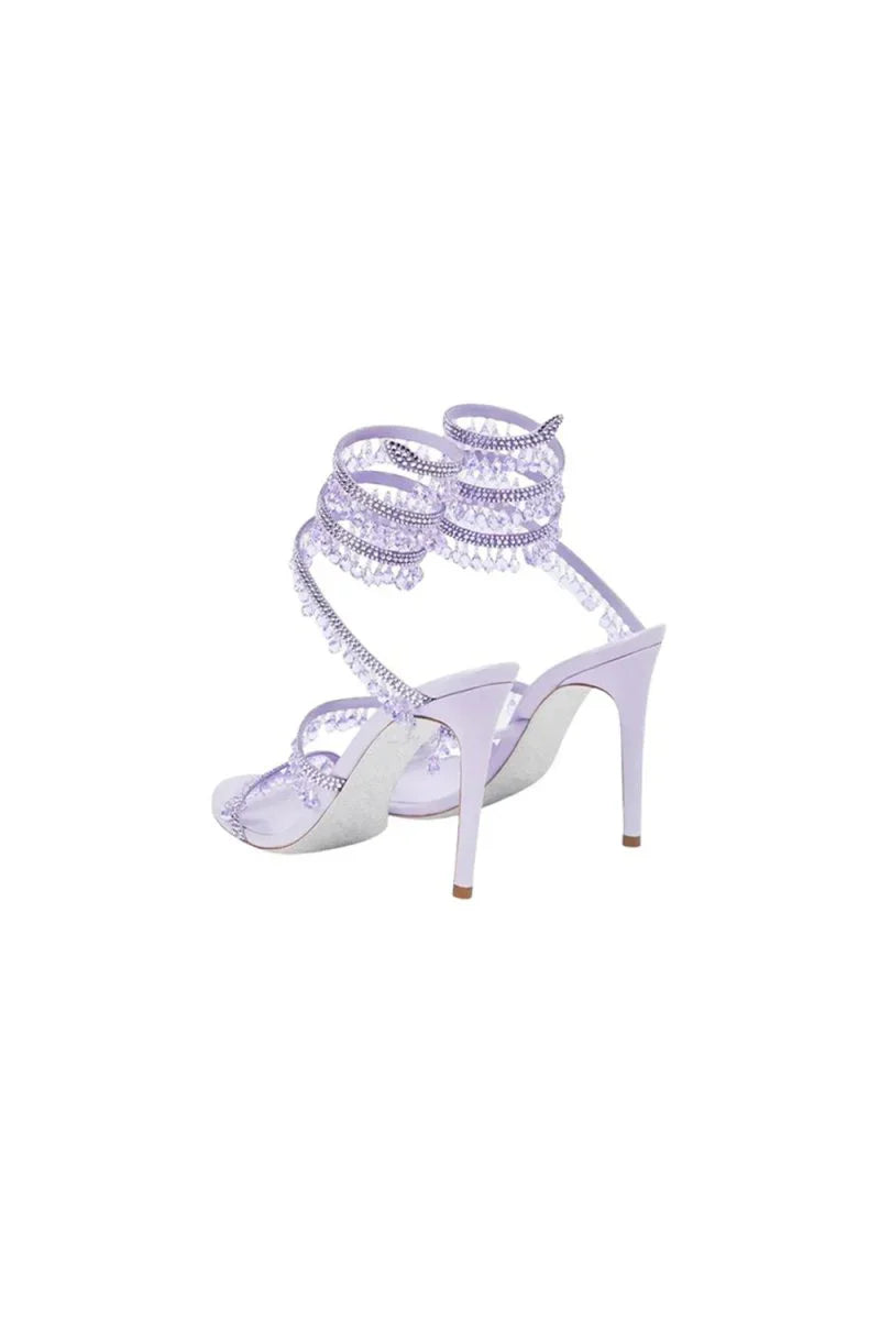 Open Toe Ankle Wrap Beaded Crystal Stiletto Heels