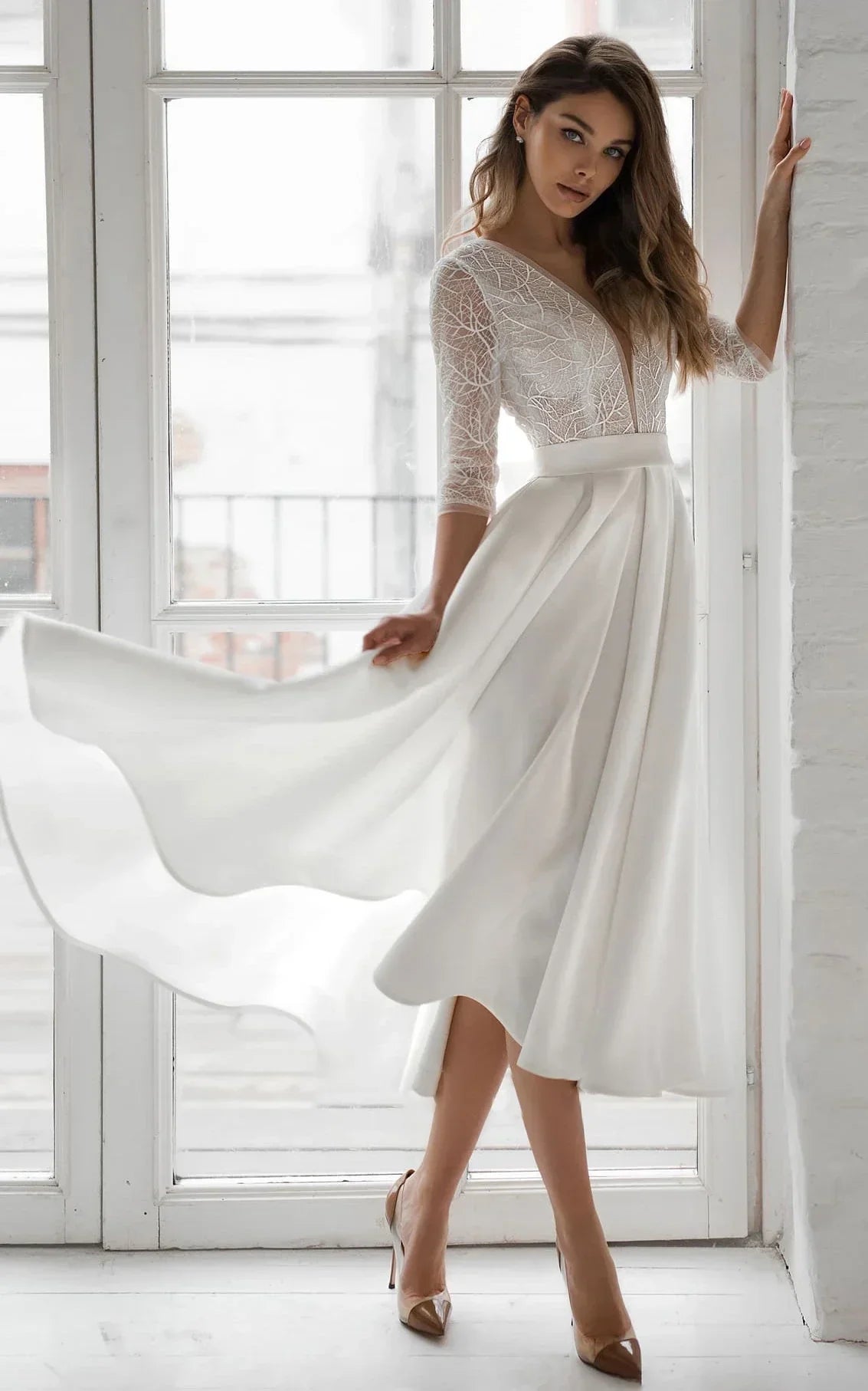 Satin V neck A Line Tea length Wedding Dress with Ruching and Sash