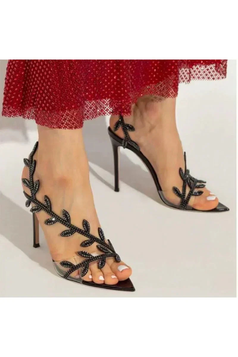 Black Slingback Open Toe Stiletto High Heels with Rhinestones