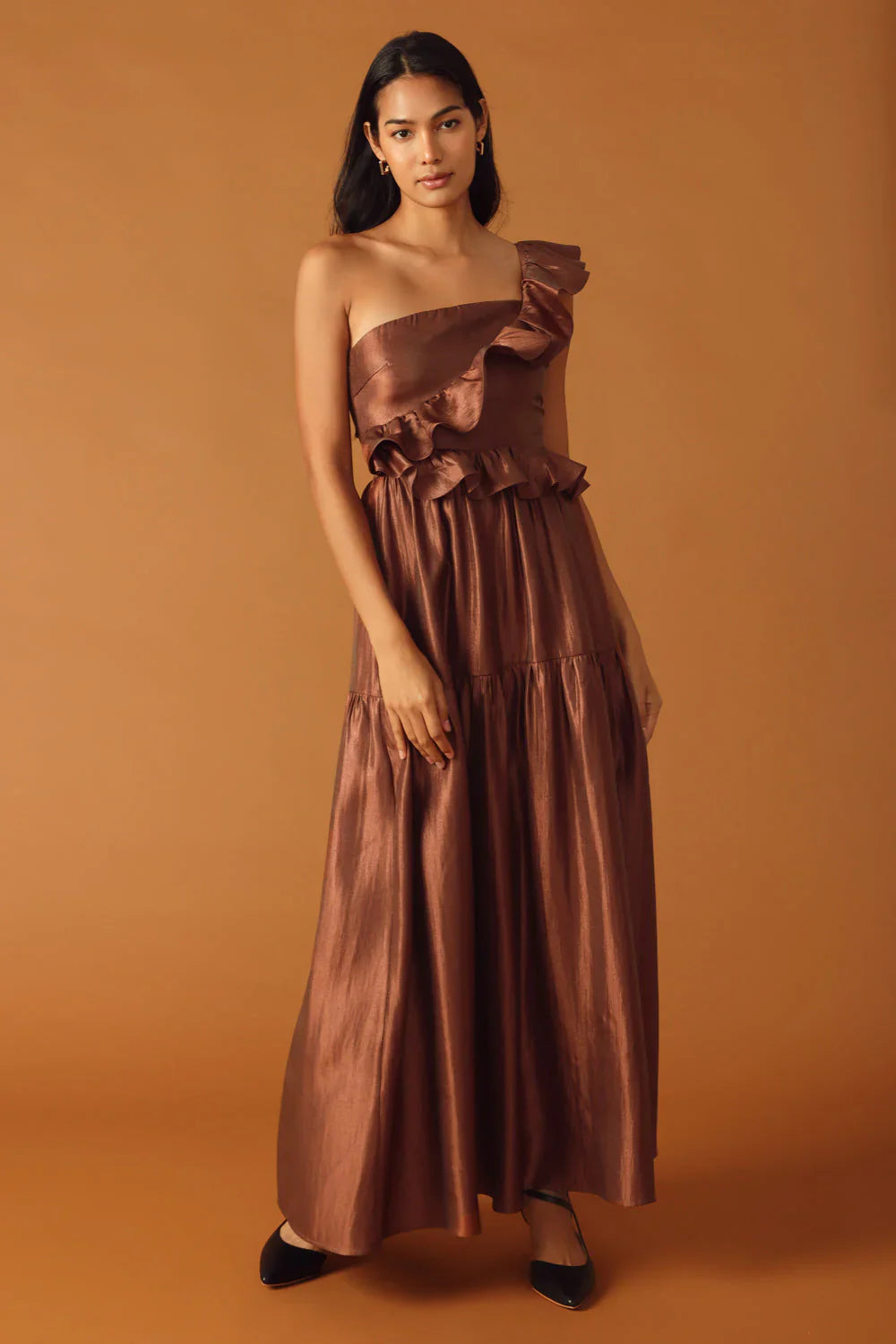 FIND THE ANSWER BROWN SATIN ONE SHOULDER MAXI DRESS