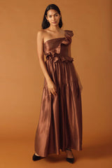 FIND THE ANSWER BROWN SATIN ONE SHOULDER MAXI DRESS