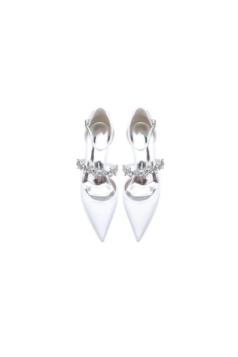 Crystal Strap Pointed Toe Satin Kitten Heels