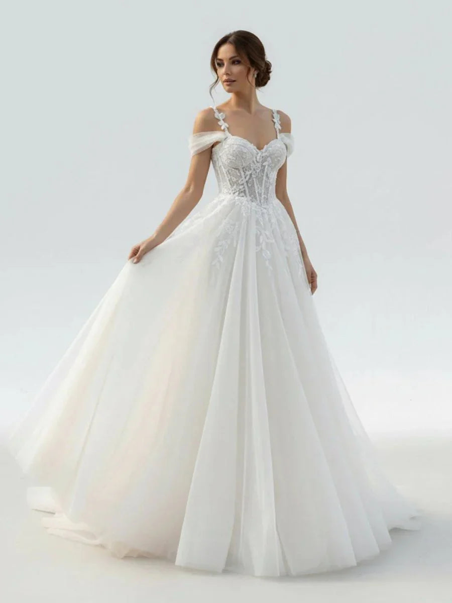 A Line Off The Shoulder Tulle Wedding Dresses With Appliques Lace