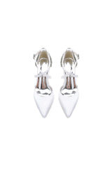White Satin Pump with Cross Strap and Metal Accent