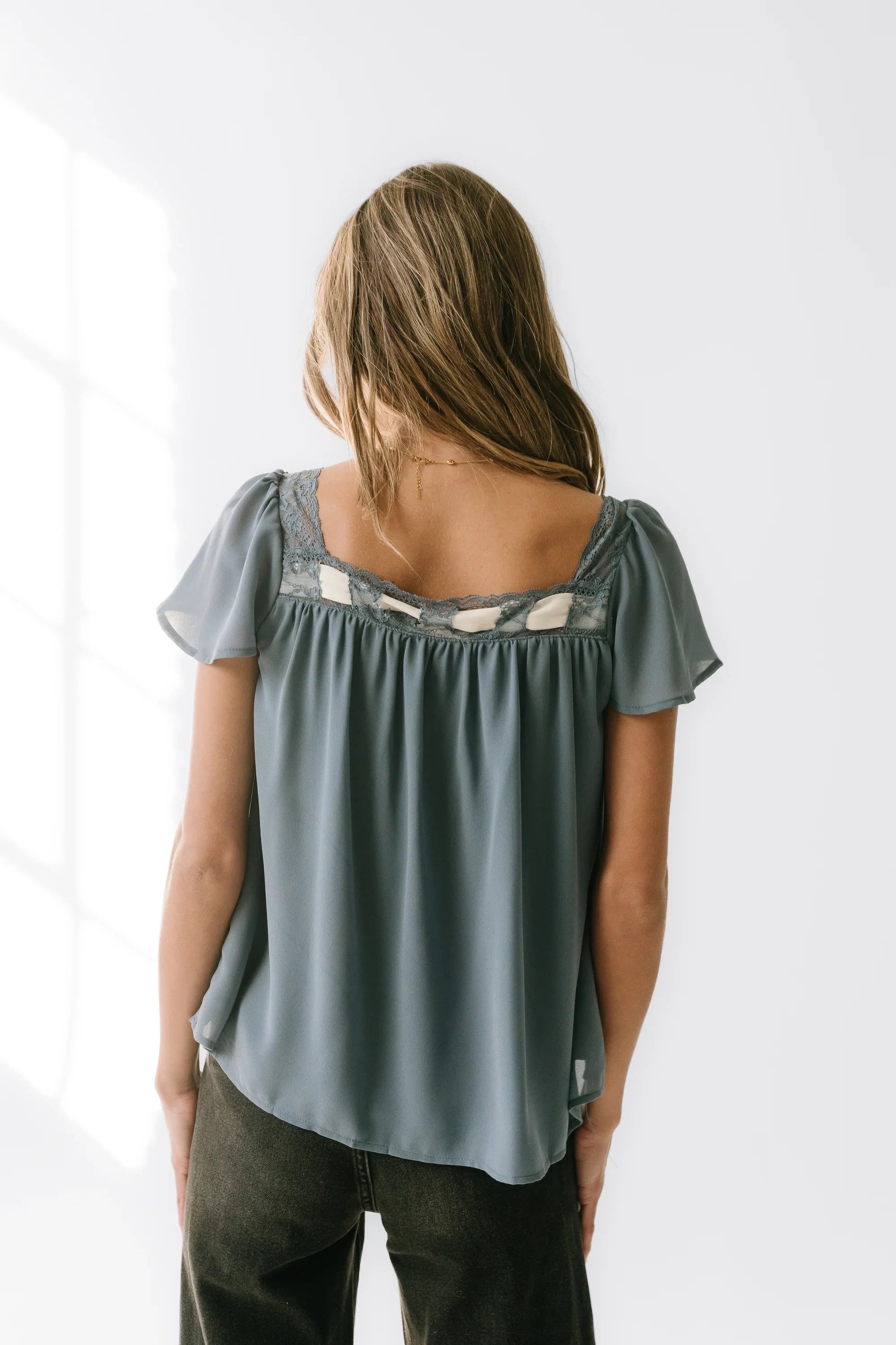 Gianna Lace Trim Blouse in Blue FINAL SALE