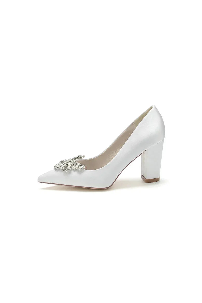 Satin Pointed Toe Slip on Chunky Heels With Rhinestone