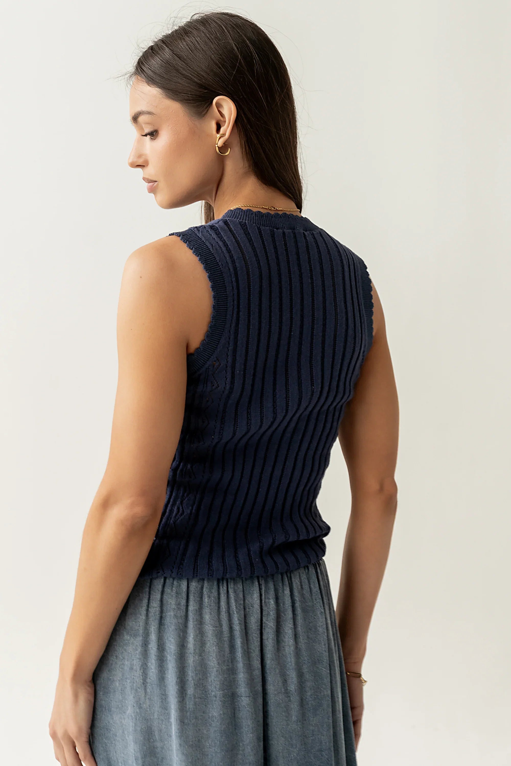 Lina Pointelle Knit Tank in Navy