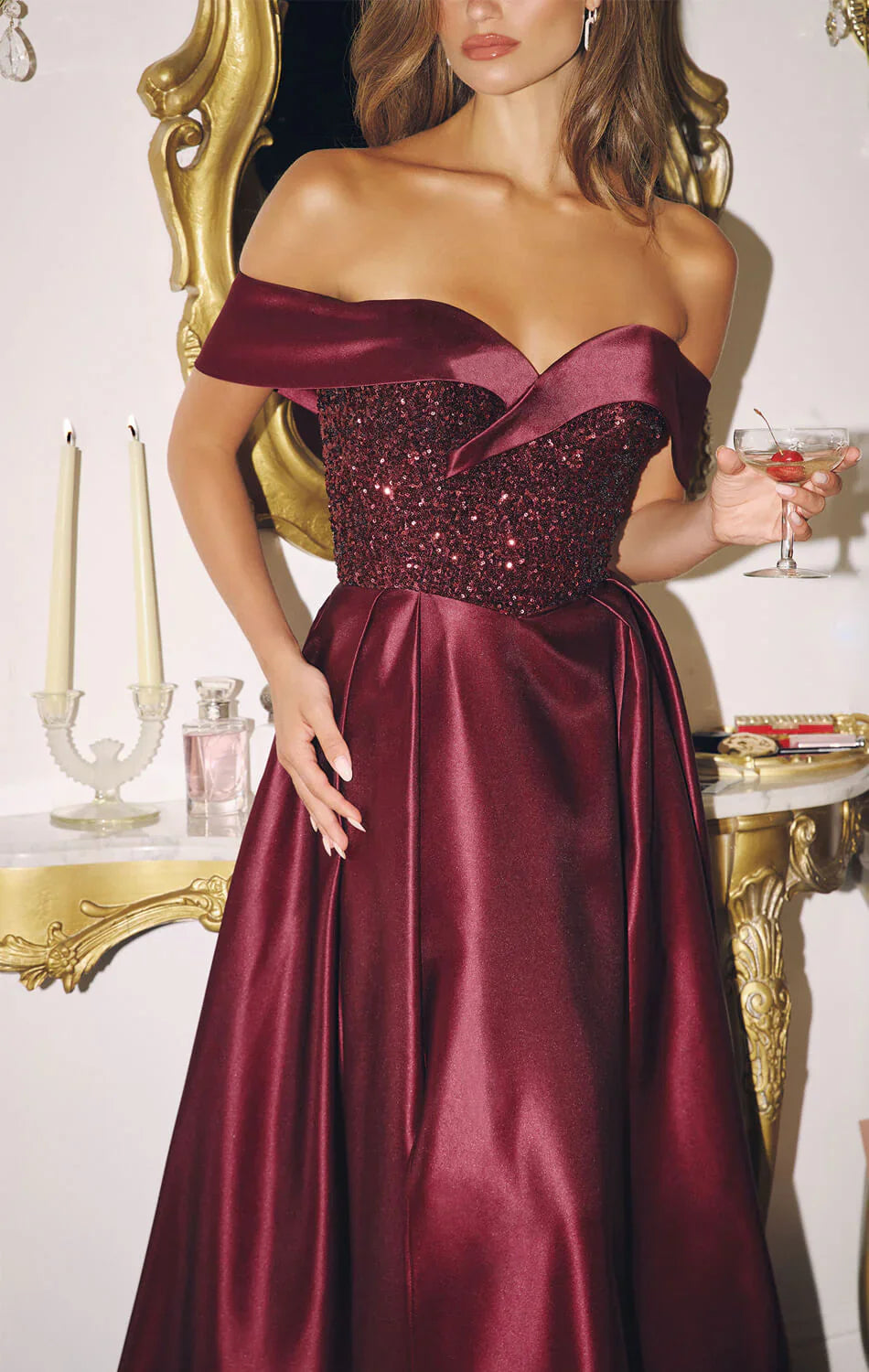 FANNING GOWN OFF THE SHOULDER SEQUIN CORSET SATIN DRESS