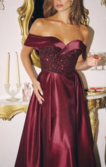 FANNING GOWN OFF THE SHOULDER SEQUIN CORSET SATIN DRESS