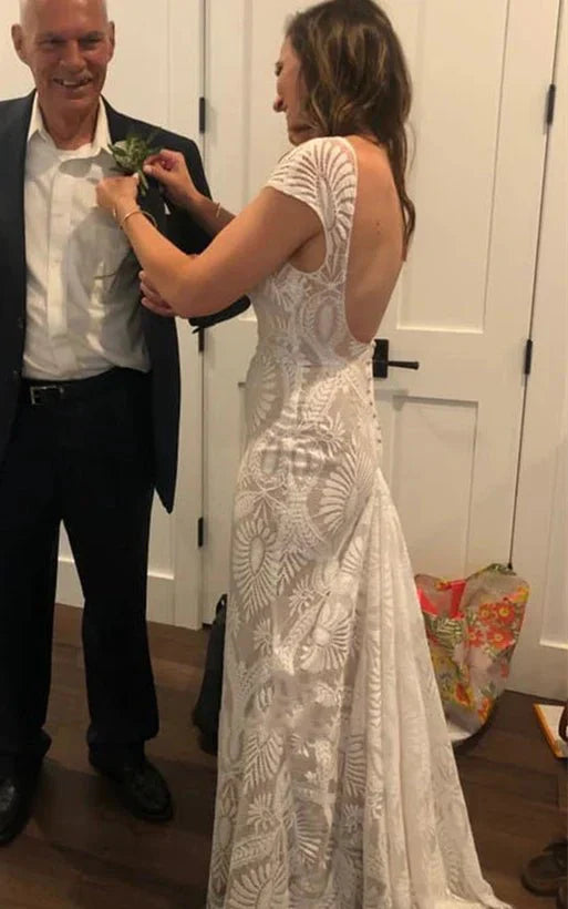 Bohemian Mermaid Bateau Neck Floor length Lace Wedding Dress