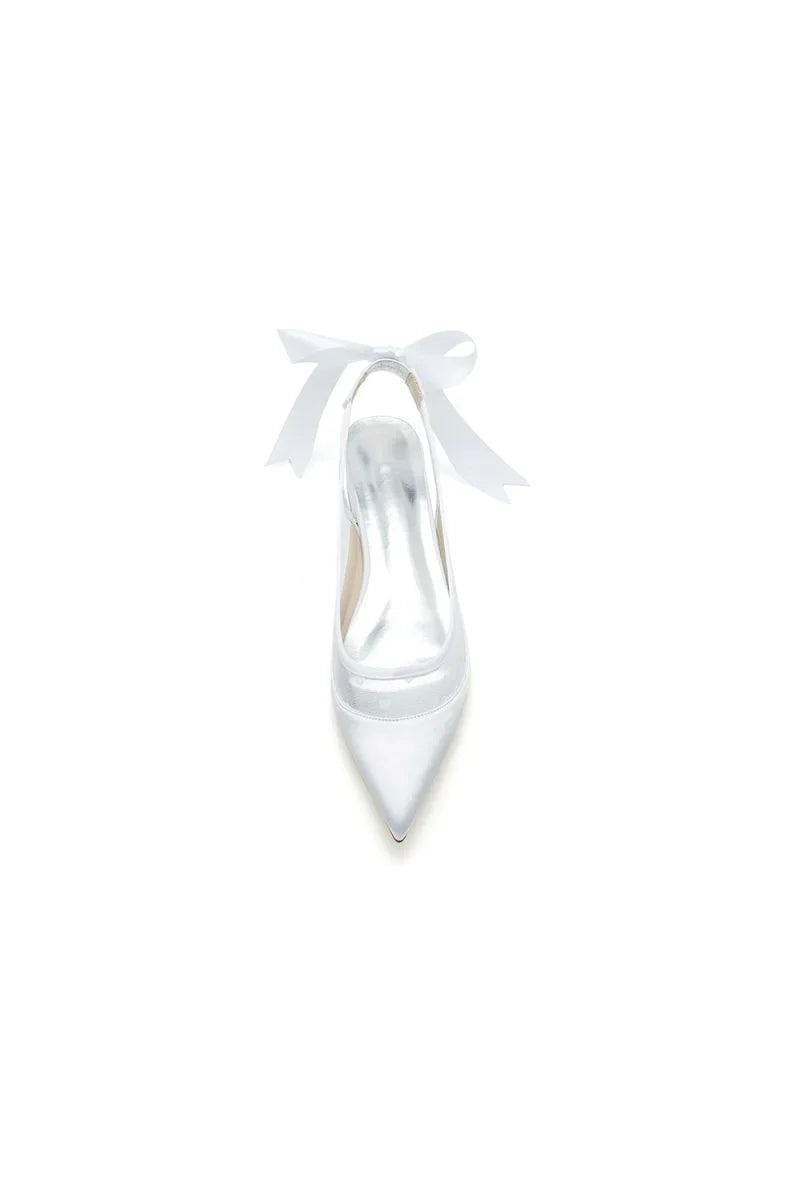 Satin Pointed Toe Mesh Low Heels With Bow