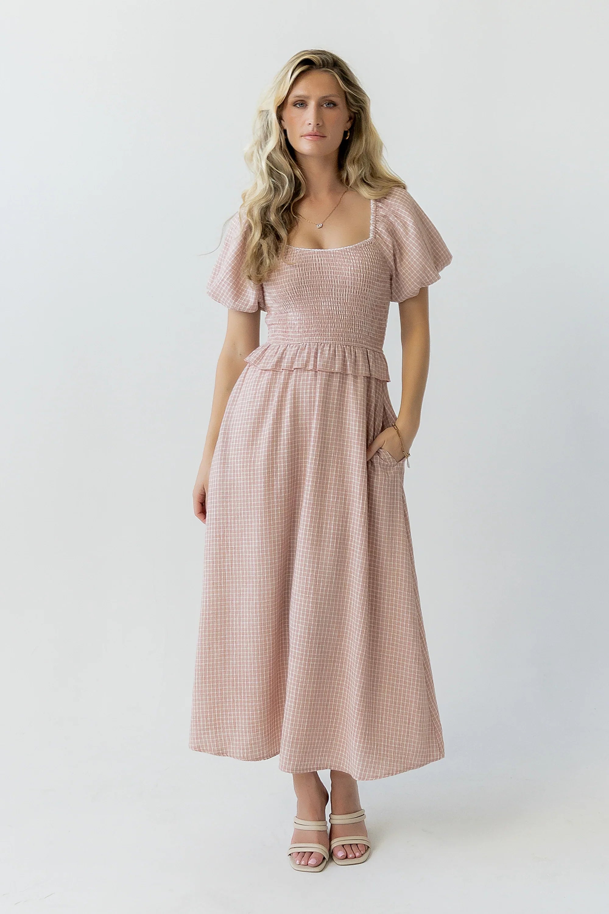 Renley Plaid Midi Dress in Clay