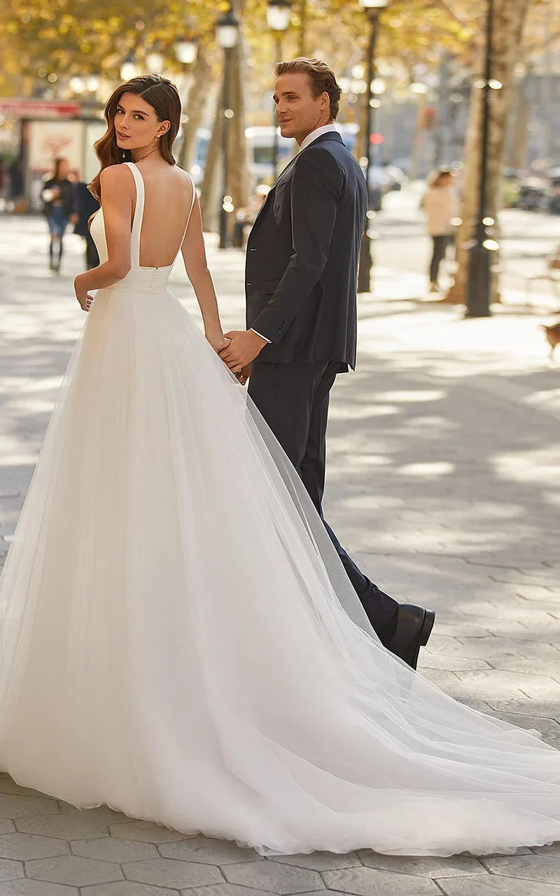 Simple A Line Minimalist Casual Square Tulle Wedding Dress with Sweep Train